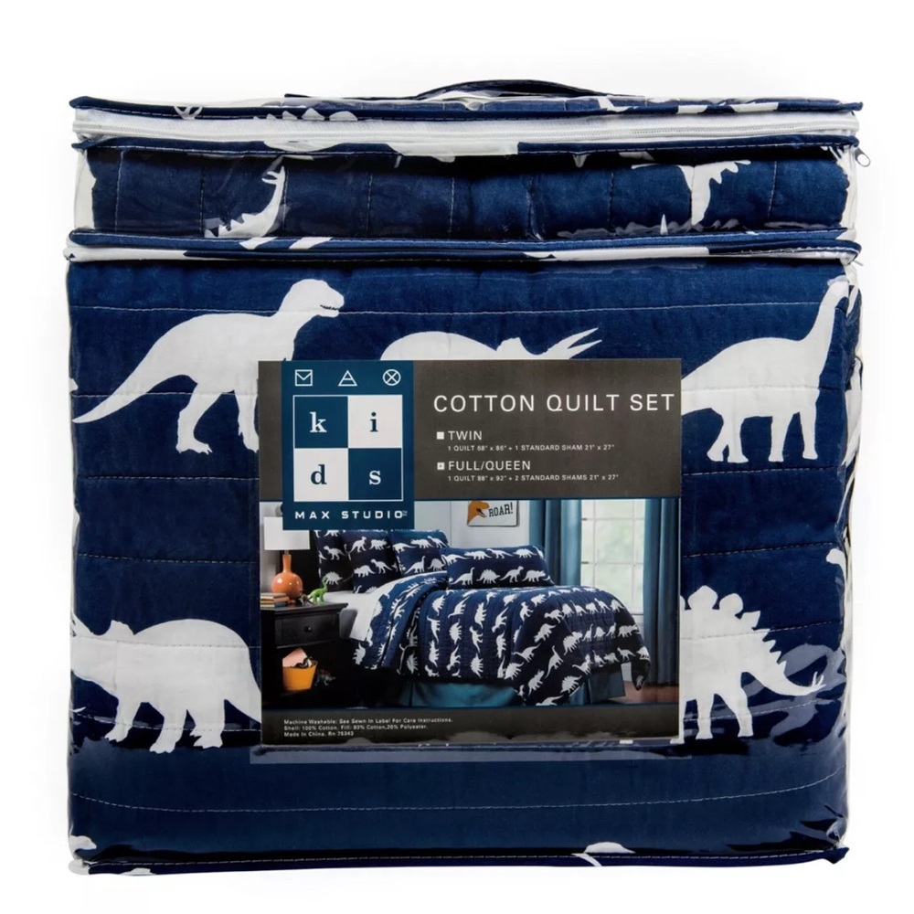 MAX STUDIO TWIN 2 PC Navy Blue and White Dinosaur Cotton Quilt Std. Sham Set NEW